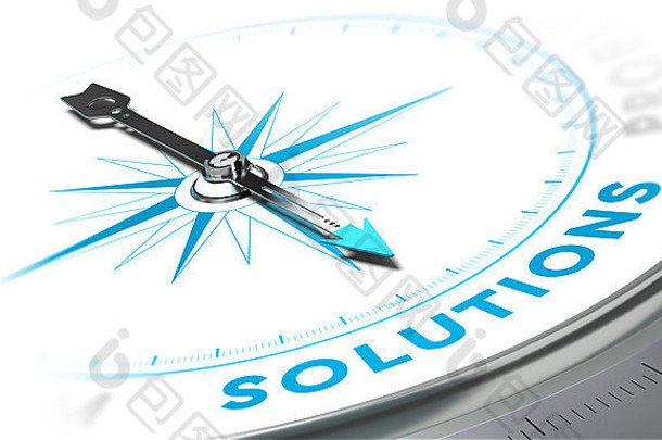 指南针指向单词解决方案，白色和蓝色调。用于说明业务解决方案的背景图像