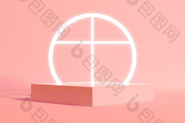 一个长方形的立方体底座，在一个孤立的三文鱼粉色工作室环境中放置一个发光的霓虹白色十字架-3D渲染