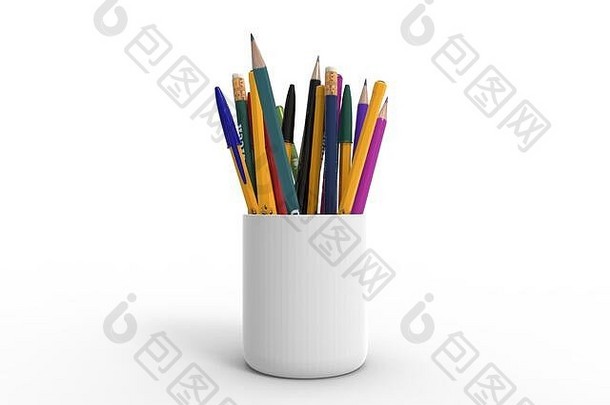一个装满铅笔的杯子在白色工作室背景中的3D重画