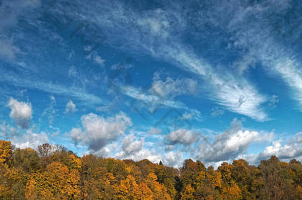 在一个城市公园里，一片蔚蓝的天空和美丽的卷云沿着秋天的天空游动。