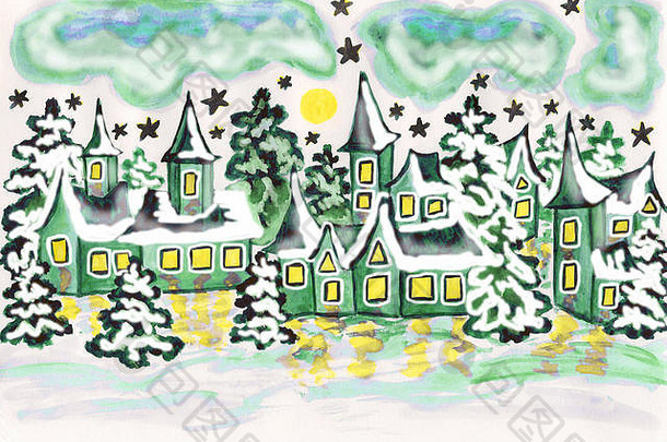 手画图片水彩冬天景观房子梳理紫罗兰色的颜色假期明信片圣诞节一年假期