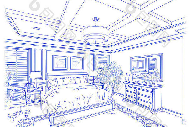 漂亮的定制卧室设计图纸，蓝色与白色隔离。