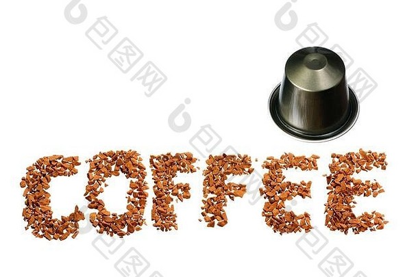 咖啡字由咖啡豆和分离在白色背景上的胶囊书写