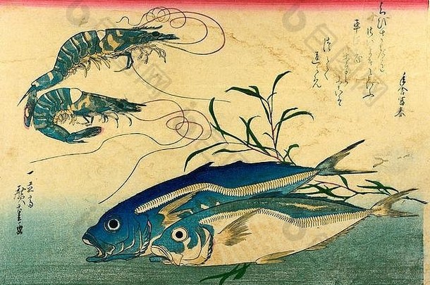 阿吉，穆鲁阿吉，玛吉真鯵 （日本竹荚鱼）、Ebi虾（对虾）Utagawa Hiroshige木刻版画，选自Uozukushi系列（各种鱼类）