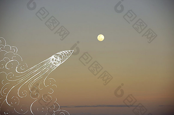 有<strong>创意</strong>的开始发射插图概念手画火箭船日落天空旅行直接月亮