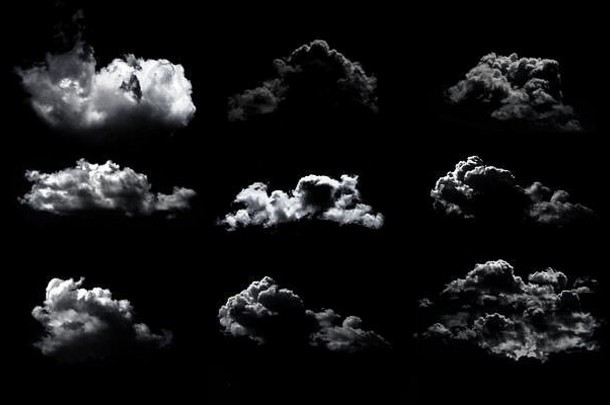 一组孤立的云。蓬松的白云被隔离-可以放置在不同的背景上-固体或梯度。任何项目的真实收藏。