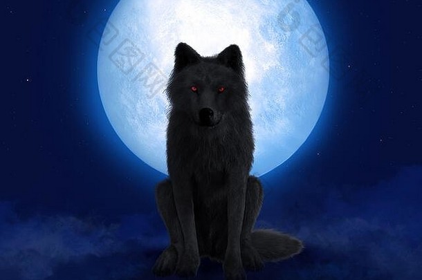 呈现黑色的狼狼人发光的红色的眼睛坐着前面大月亮星星晚上天空雾地面