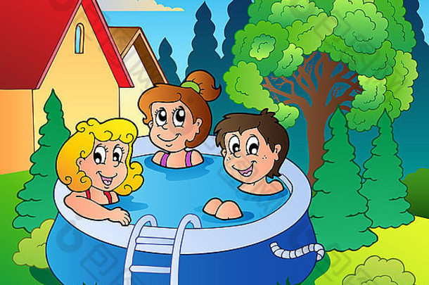 花园里有三个孩子，池色插图。