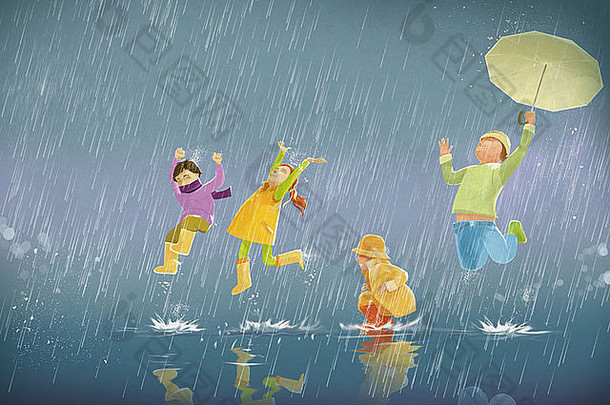 儿童在雨中玩耍的插图