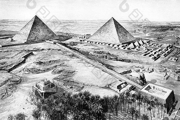 这幅20世纪20年代早期的插图展示了下埃及吉萨的第一和第二座金字塔，前景是巨大的狮身人面像。