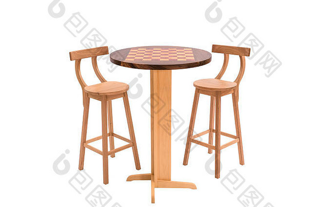 户外木制餐桌，白色背景上有两个凳子