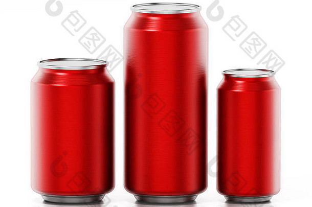白色背景上隔离的红色铝苏打罐。三维插图。