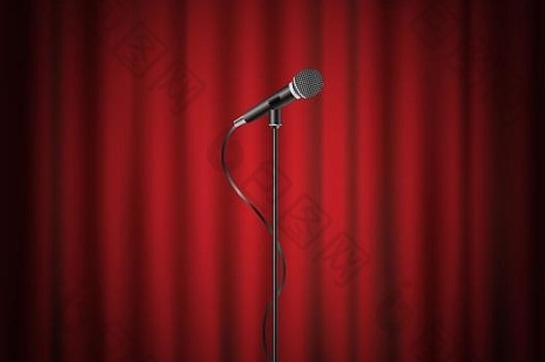 话筒架在舞台上，红色窗帘背景