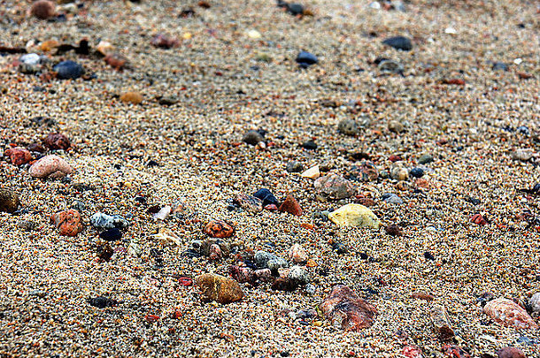 海滩上的湿沙和岩石，特写，浅层