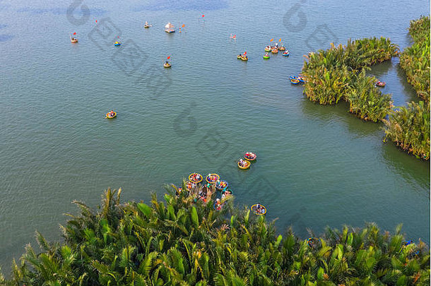 鸟瞰图，来自中国、韩国、美国、俄罗斯的游客在越南广南的椰子水（红树林棕榈）森林海安乘坐篮子船游览