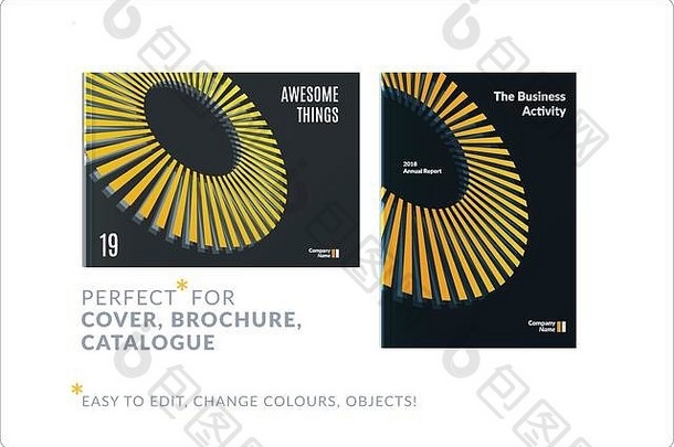 样板创意黄灰色抽象设计的宣传册集，水平封面，A4传单与彩色光线，圆圈