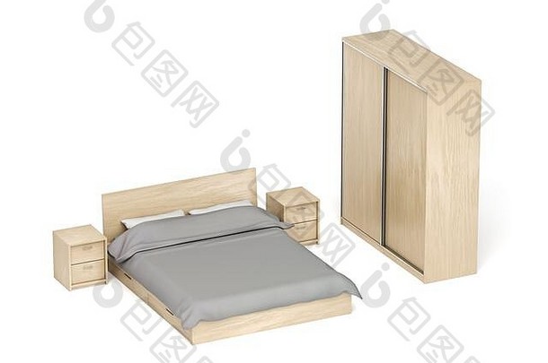 白色背景的卧室木制家具。床、床头柜和滑动衣柜。