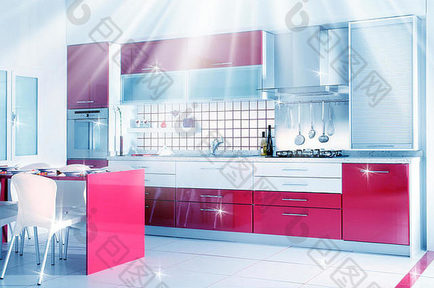 干净的现代红色厨房设计，带有灯光和反光