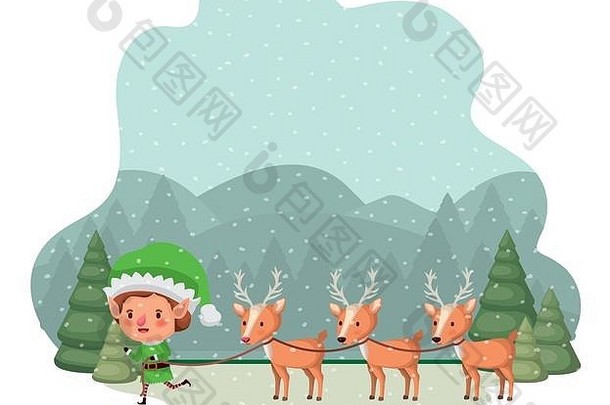 精灵驯鹿圣诞节树下降雪