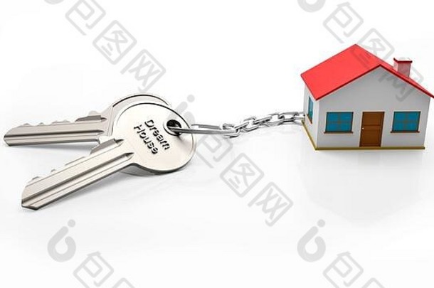 两把带钥匙链的<strong>银色</strong>钥匙，钥匙链上写着“梦想之家”的文<strong>字</strong>，所有的钥匙都被隔离在白色背景上。用于房地产销售出版物。