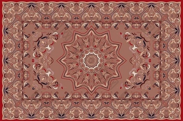复古阿拉伯图案。波斯色地毯。丰富的装饰面料设计，手工制作，室内装饰，纺织品。红色背景。