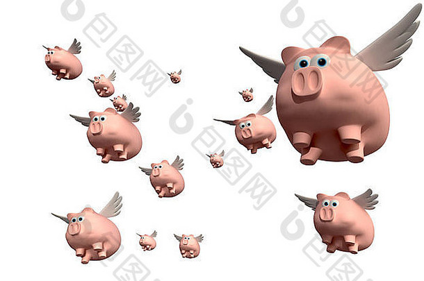 一组粉红色的猪的<strong>文字描述</strong>，翅膀在孤立的白色背景上飞行