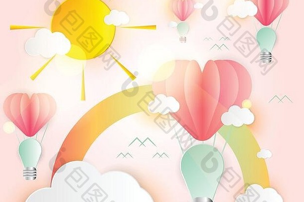 情书抽象概念灯泡心形粉色纸重叠式气球红色漂浮在空中：白云、阳光和彩虹剪纸。认为我