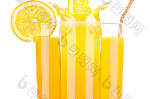 玻璃中的新鲜橙汁，白色背景上分离出飞溅物