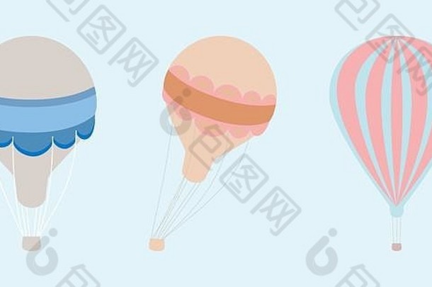 3个不同的热气球以平面设计风格飞行