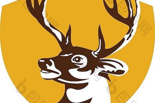 图为怀旧风格的白尾鹿雄鹿头，侧面位于盾徽内。