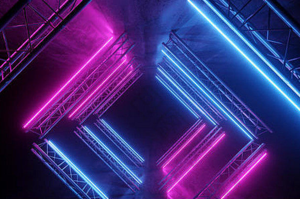霓虹灯发光的紫色的蓝色的充满活力的sci未来主义的阶段讲台上建设金属三角形混凝土难看的东西反光黑暗晚上虚拟显示后台支持