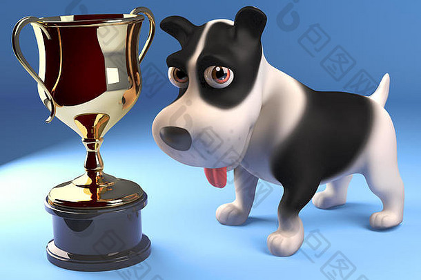 骄傲的小狗看着他的金杯奖杯，3d插图渲染