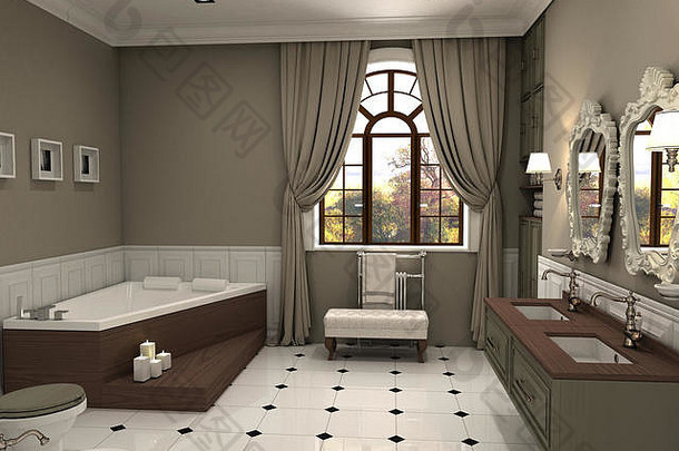 浴室、室内可视化、3D插图