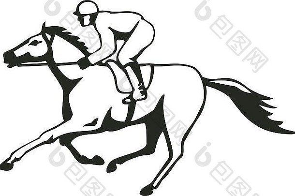 在复古风格的白色背景上，从侧面观看赛马和赛马的插图。