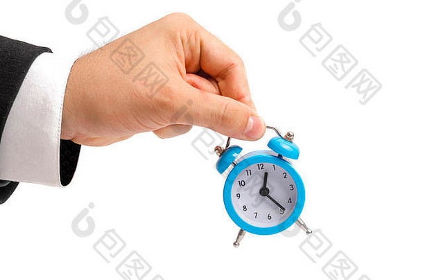 一个商人拿着闹钟。手拿手表。<strong>小时工</strong>资的概念，时间。上班迟到。完全或不完全比率。加班。笔