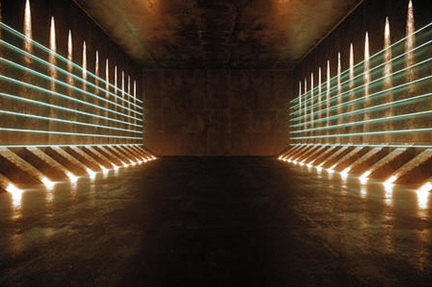 黑暗的科幻空旷的现代未来主义太空船隧道走廊，带有粗糙的反射混凝土纹理和橙黄色霓虹灯