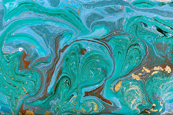 大理石抽象丙烯酸背景。自然蓝绿色大理石花纹艺术品纹理。金光闪闪。