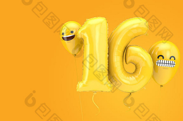 16号生日气球，带表情脸和气球。三维渲染