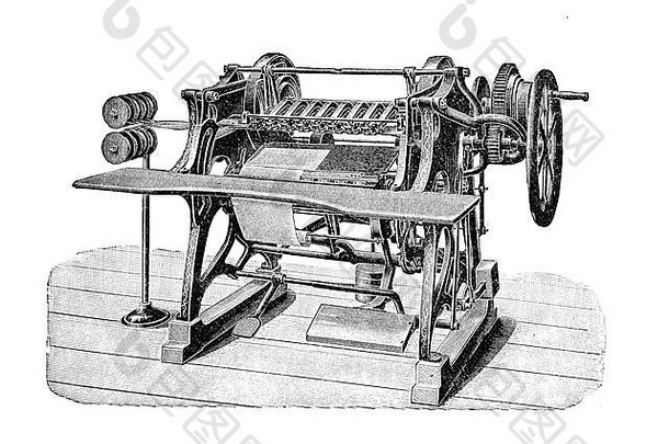 铁丝装订机一本书，用于印刷生产，十九世纪插图
