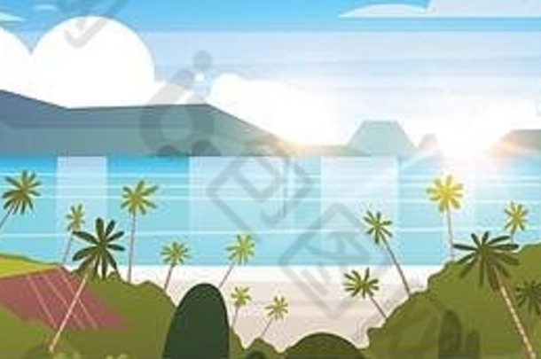 美丽的海边景观夏天海滩山蓝色的水棕榈树异国情调的度假胜地地平线