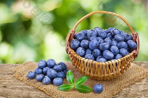 新鲜的成熟的蓝莓柳条篮子木表格模糊花园背景