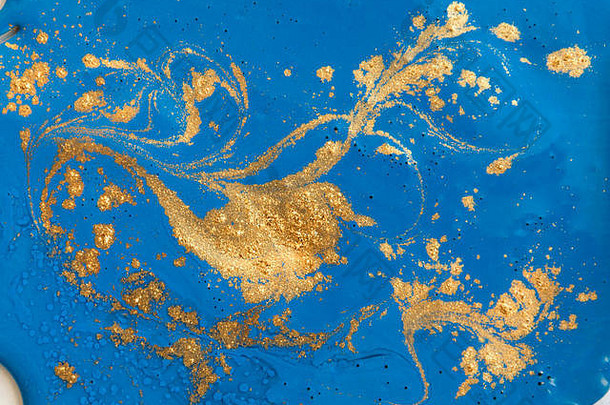 蓝色的金液体纹理水彩手画大理石花纹插图摘要背景