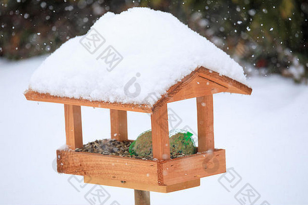 简易木制喂鸟器，雪天在冬季花园安装鸟舍
