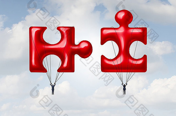 商业团队合作困惑概念或关系成功隐喻：一对夫妇漂浮在一个红色气球上，形状像拼图，为了合作或建立一个不断上升的未来而结合在一起。