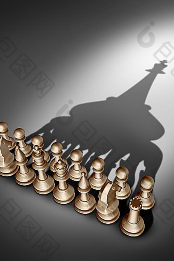公司领导和团队管理愿景作为一个商业团体的概念，国际象棋棋盘组合在一起，团结一致，共同努力，为国王领袖投下阴影。