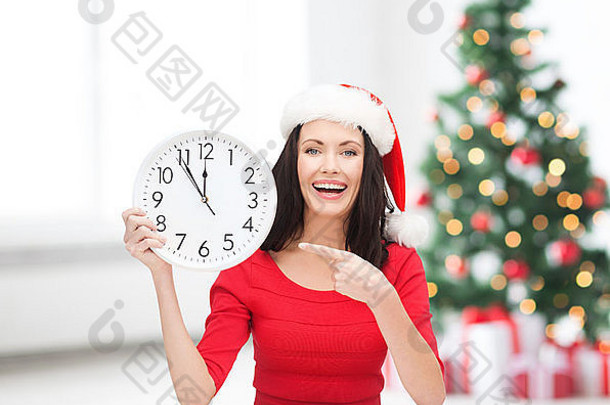 女人圣诞老人助手他时钟显示