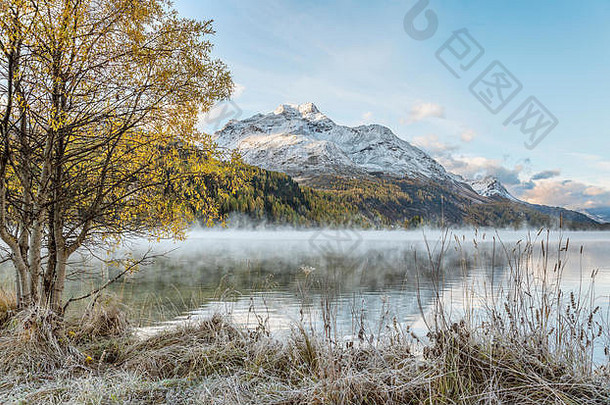 冷淡的秋天景观<strong>湖</strong>锡尔斯上恩嘎丁瑞士