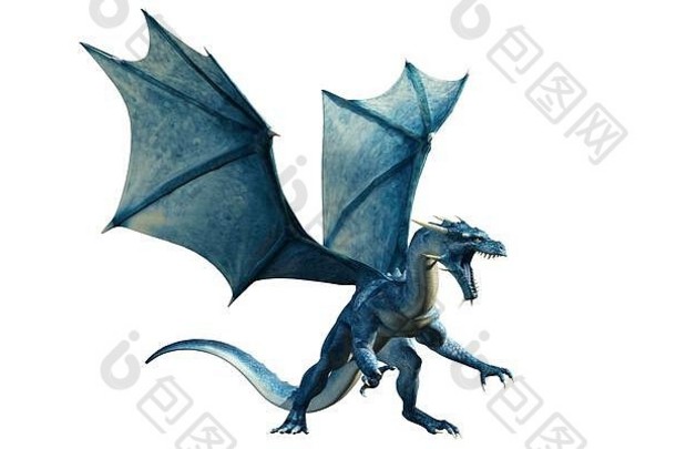 蓝色的龙野兽神话传说有鳞的蜿蜒的蝙蝠状翅膀蓝调随地吐痰闪电白色背景