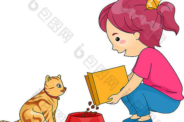一个小女孩喂猫的插图