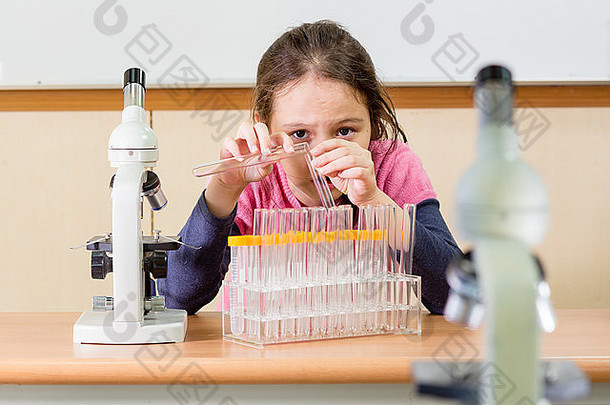 年轻的女孩<strong>科学</strong>家显微镜测试管<strong>科学实验室</strong>